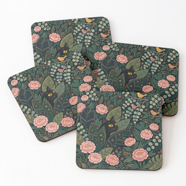 Item preview, Black Cat Peering Through Dark Floral Whimsical Garden designed and sold by Jozefin's Studio.