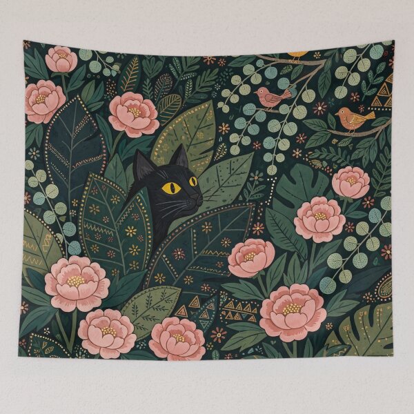 Item preview, Black Cat Peering Through Dark Floral Whimsical Garden designed and sold by Jozefin's Studio.