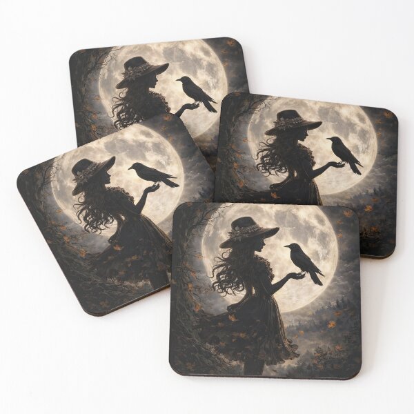 Item preview, Girl with Raven Under Full Moon Mystical Magical Autumn Fall Equinox designed and sold by Stephanie Laird.
