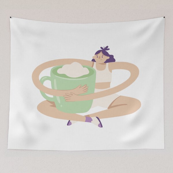 Item preview, Woman hugging large mug of green matcha latte designed and sold by natalielaf.
