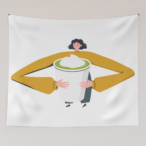 Item preview, Woman hugging large mug of green matcha latte designed and sold by natalielaf.
