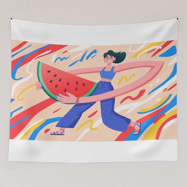 Item preview, Smiling woman holding giant watermelon slice designed and sold by natalielaf.