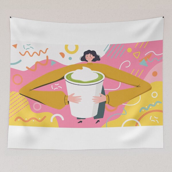 Item preview, Woman hugging large mug of green matcha latte designed and sold by natalielaf.
