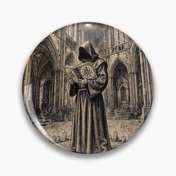 Item preview, The Forbidden Chant - Faceless Monk Reading Necronomicon in Gothic Cathedral Vintage Occult Engraving designed and sold by Neurospicy Trolls.