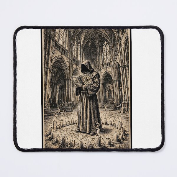 Item preview, The Forbidden Chant - Faceless Monk Reading Necronomicon in Gothic Cathedral Vintage Occult Engraving designed and sold by Neurospicy Trolls.