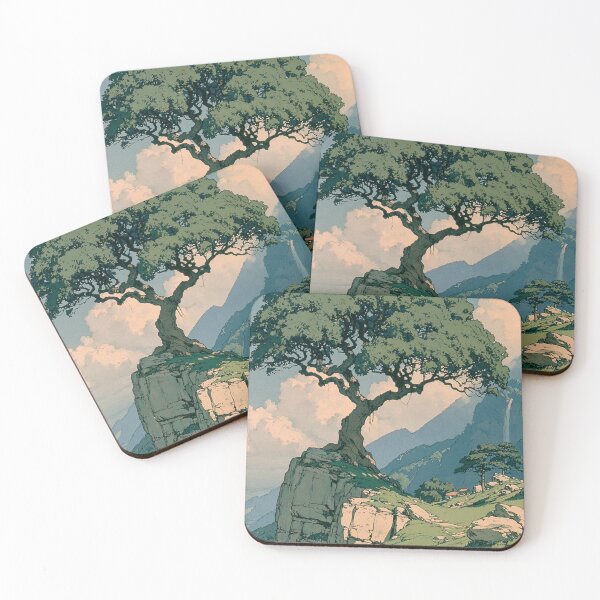 Item preview, Vintage Mountain Tree Wall Art, Japanese Woodblock Style Print, Landscape Digital Download, Nature Poster, Aesthetic Cliff Artwork designed and sold by AnimeWaifuMaterial.