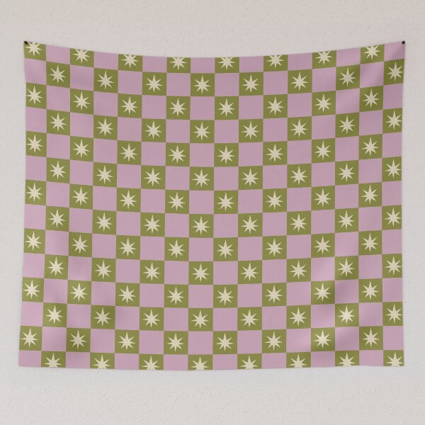 Item preview, Olive Green and Pink Checkerboard Retro Sparkle Star Pattern designed and sold by Pop & Punch.