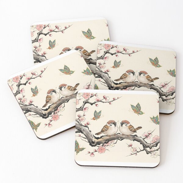 Item preview, Korean Folk Art Spring Blossom: Cute Sparrows and Traditional Minwha Butterflies - Oriental Aesthetic designed and sold by SOOstudio73.