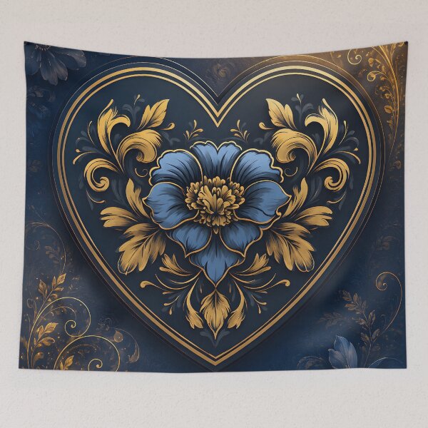 Item preview, Hearts 39 - Blue Gold Heart with Royal Floral Art designed and sold by NikaNavi.