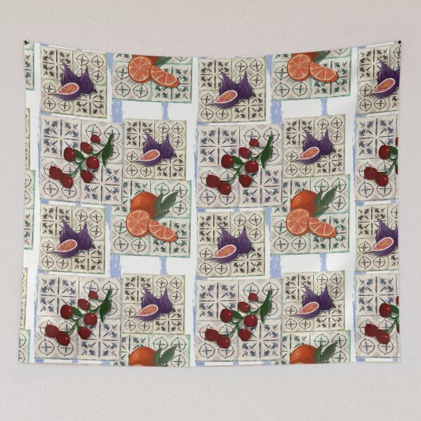 Item preview, Bright colors and fruits on decorative tiles in a kitchen setting during daylight designed and sold by SpaceartLilu.
