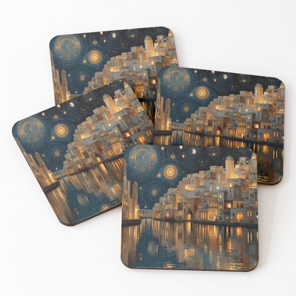 Item preview, Celestial Cityscape Canvas Print | Starry Night Waterfront Architecture Wall Art designed and sold by Iceberg Comic Book Lounge.