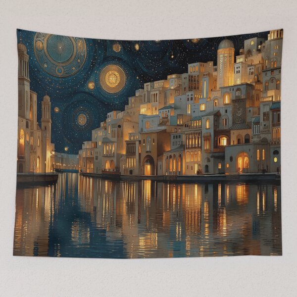 Item preview, Celestial Cityscape Canvas Print | Starry Night Waterfront Architecture Wall Art designed and sold by Iceberg Comic Book Lounge.