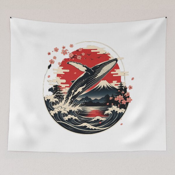 Item preview, Vintage Japanese Whale with Mount Fuji & Sakura | Ukiyo-e Ocean Art designed and sold by cannsuh.