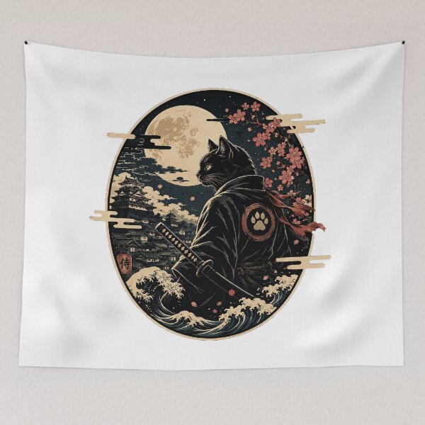 Item preview, Moonlit Samurai Cat | Japanese Ukiyo-e Black Neko Warrior Art designed and sold by cannsuh.