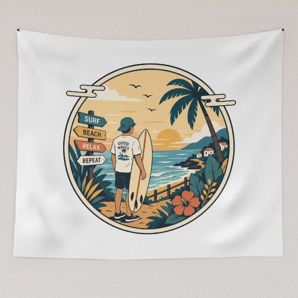 Item preview, Surf Beach Relax Repeat | Vintage Tropical Surfing Sunset Coastal Art designed and sold by cannsuh.