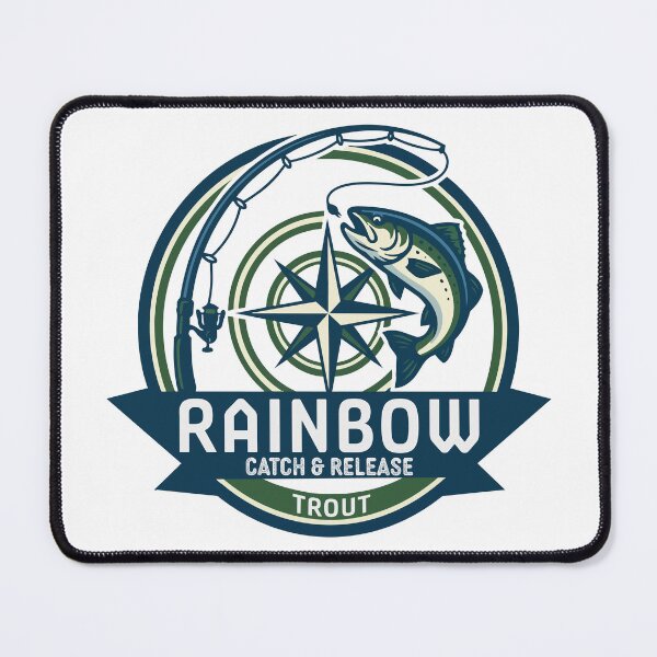 Item preview, Fly fishing illustration, logo style, text "Rainbow Trout, Catch and Release". designed and sold by Art-Horizon.