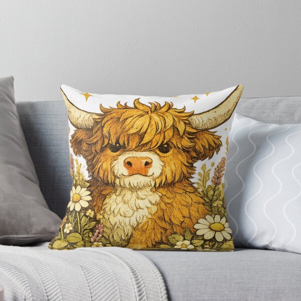 Aperçu de l'œuvre Cute Highland Cow Cottagecore Wildflower Illustration créée et vendue par Gold&pixels.