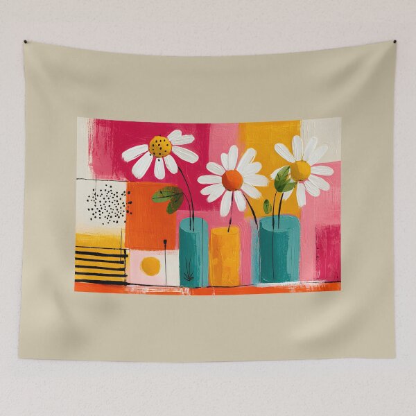 Item preview, Cheerful Daisy Bouquet in Geometric Vases with Bold Abstract Floral Contemporary Wall Art designed and sold by OlfactoART Studio.