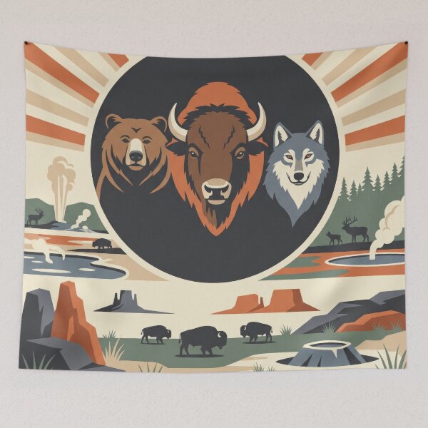 Item preview, Yellowstone Bison And Predators - Geyser Basin Flat Illustration designed and sold by ZUMERI.