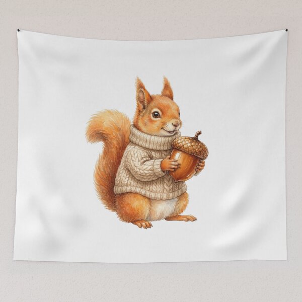 Item preview, Watercolor Cute Red Squirrel Wearing a Cozy Knitted Sweater Holding an Acorn designed and sold by VibranPalette.