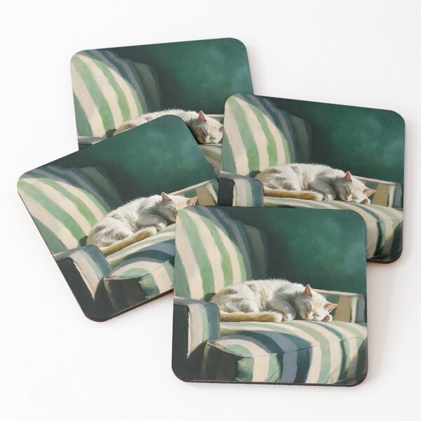Item preview, White Cat Sleeping on Green Striped Armchair designed and sold by Design Atlas.