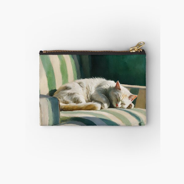 Item preview, White Cat Sleeping on Green Striped Armchair designed and sold by Design Atlas.