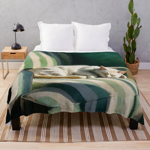 Item preview, White Cat Sleeping on Green Striped Armchair designed and sold by Design Atlas.