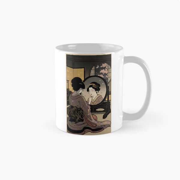 Item preview, Geisha Applying Red Lipstick in Mirror Night Scene Ukiyo-e designed and sold by TokyoUkiyoHouse.