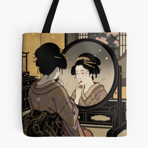 Item preview, Geisha Applying Red Lipstick in Mirror Night Scene Ukiyo-e designed and sold by TokyoUkiyoHouse.
