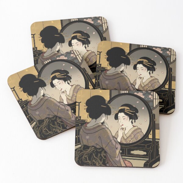 Item preview, Geisha Applying Red Lipstick in Mirror Night Scene Ukiyo-e designed and sold by TokyoUkiyoHouse.