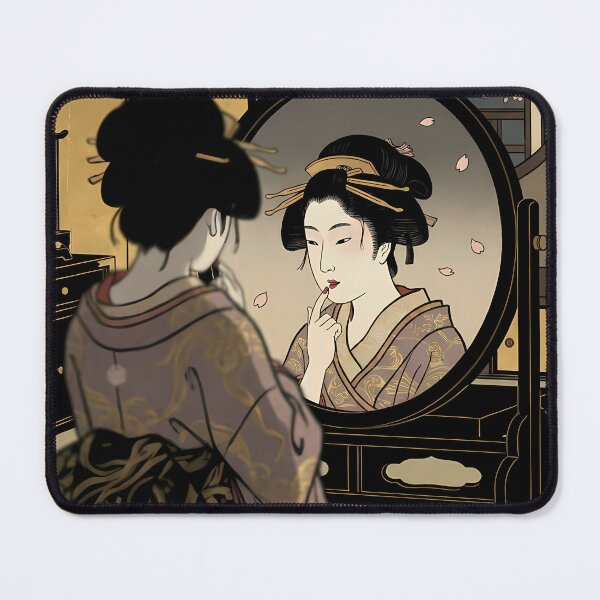 Item preview, Geisha Applying Red Lipstick in Mirror Night Scene Ukiyo-e designed and sold by TokyoUkiyoHouse.