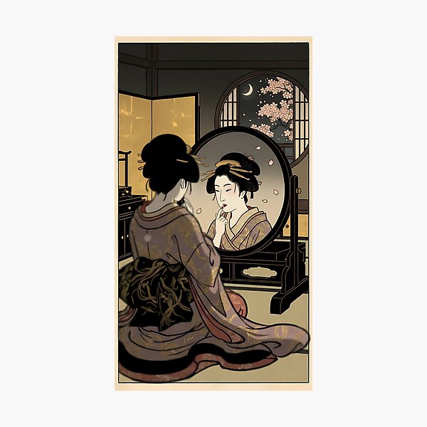 Item preview, Geisha Applying Red Lipstick in Mirror Night Scene Ukiyo-e designed and sold by TokyoUkiyoHouse.