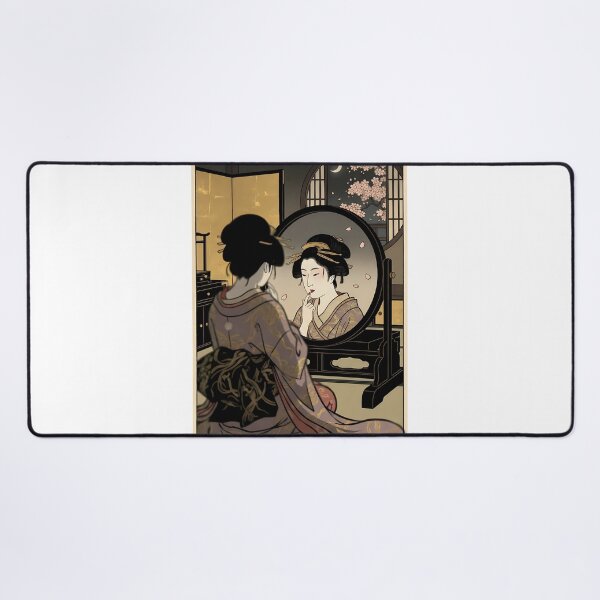 Item preview, Geisha Applying Red Lipstick in Mirror Night Scene Ukiyo-e designed and sold by TokyoUkiyoHouse.