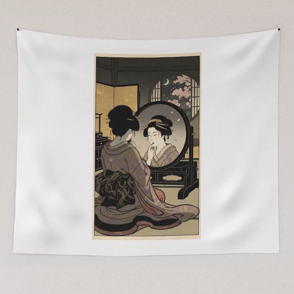 Item preview, Geisha Applying Red Lipstick in Mirror Night Scene Ukiyo-e designed and sold by TokyoUkiyoHouse.