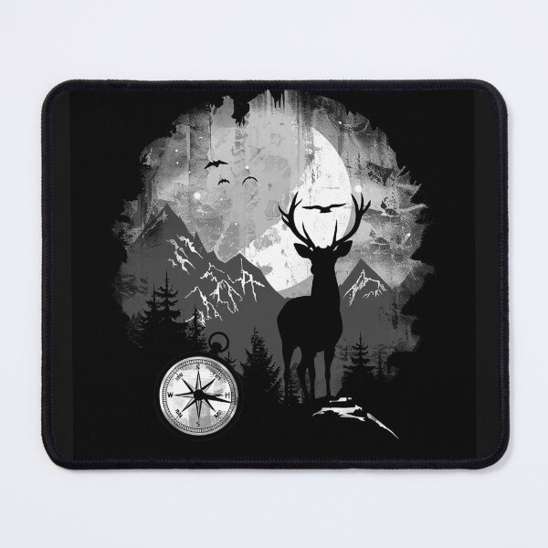 Item preview, Moonlit Stag with Compass and Mountains Monochrome Wilderness Art designed and sold by inkoutninja.