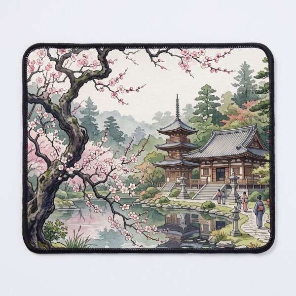 Item preview, River, temple and sakura tree designed and sold by SoraPetals.