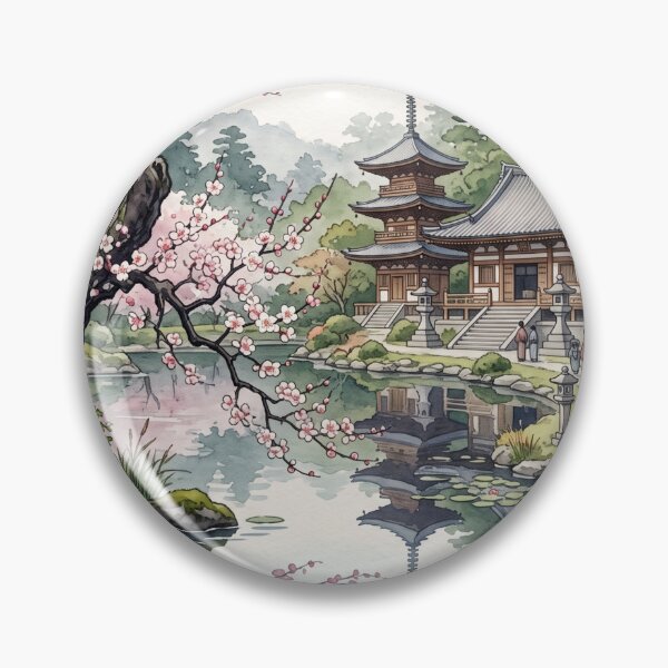 Item preview, River, temple and sakura tree designed and sold by SoraPetals.