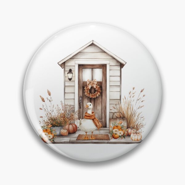 Item preview, Watercolor Autumn Farmhouse with Cute Goose Wearing a Scarf and Pumpkins designed and sold by VibranPalette.
