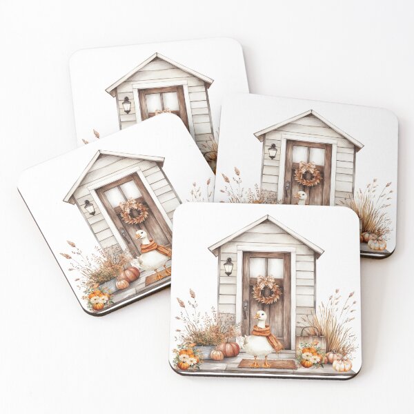 Item preview, Watercolor Autumn Farmhouse with Cute Goose Wearing a Scarf and Pumpkins designed and sold by VibranPalette.