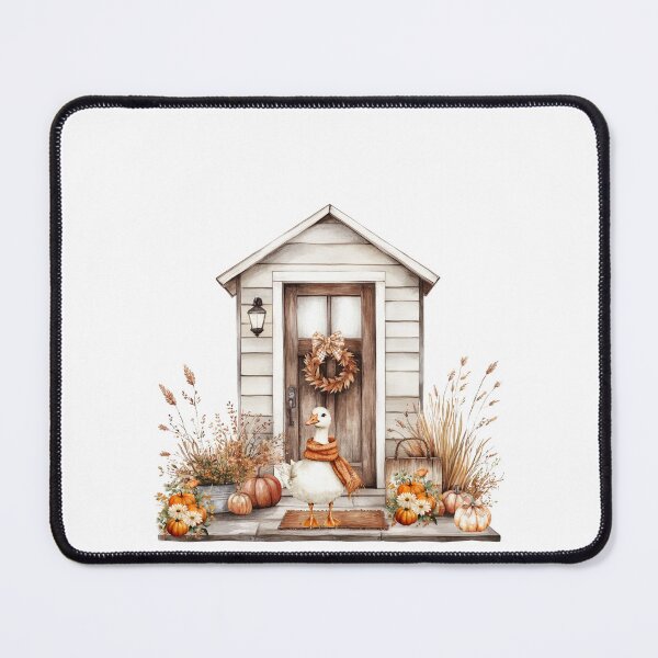 Item preview, Watercolor Autumn Farmhouse with Cute Goose Wearing a Scarf and Pumpkins designed and sold by VibranPalette.