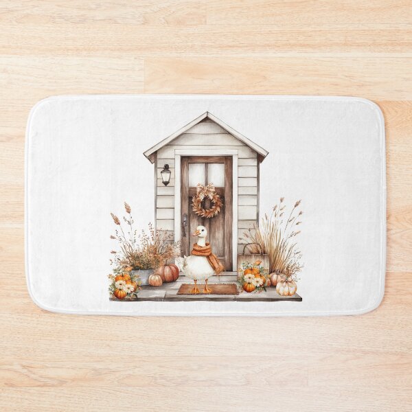 Item preview, Watercolor Autumn Farmhouse with Cute Goose Wearing a Scarf and Pumpkins designed and sold by VibranPalette.