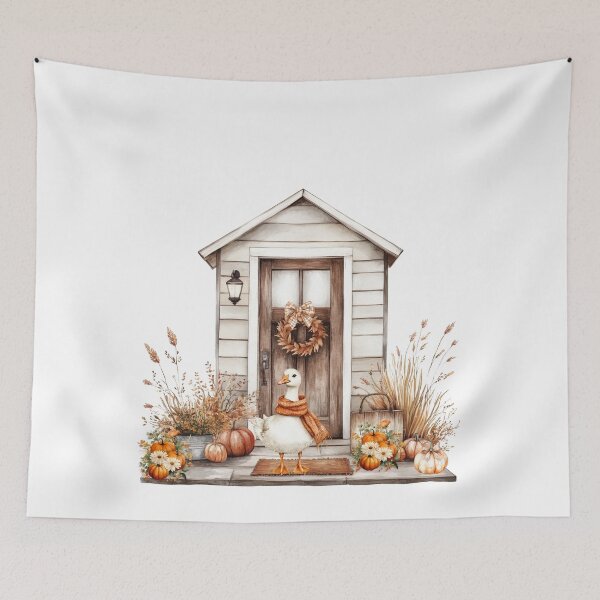 Item preview, Watercolor Autumn Farmhouse with Cute Goose Wearing a Scarf and Pumpkins designed and sold by VibranPalette.