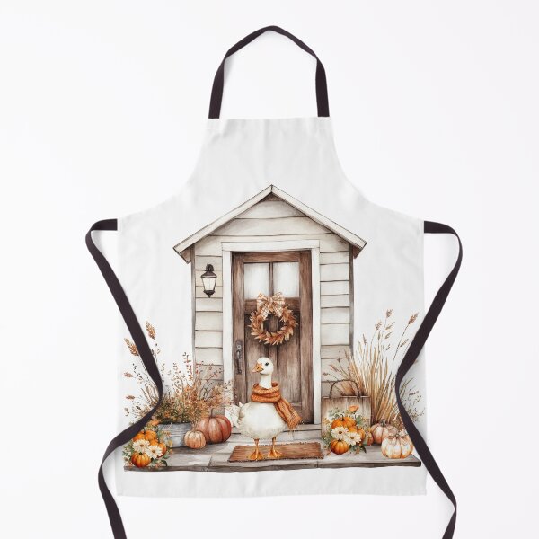 Item preview, Watercolor Autumn Farmhouse with Cute Goose Wearing a Scarf and Pumpkins designed and sold by VibranPalette.