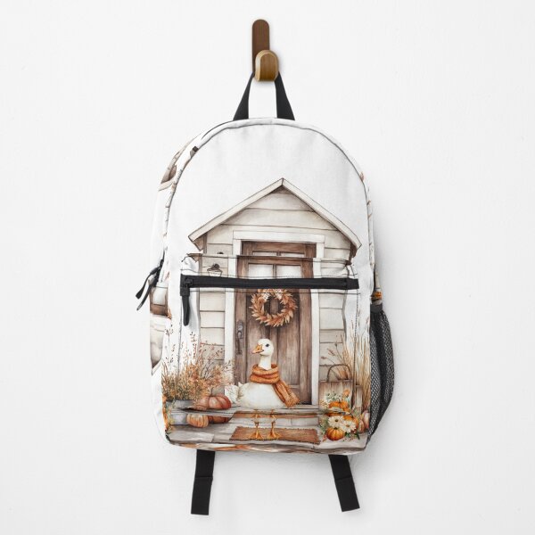 Item preview, Watercolor Autumn Farmhouse with Cute Goose Wearing a Scarf and Pumpkins designed and sold by VibranPalette.