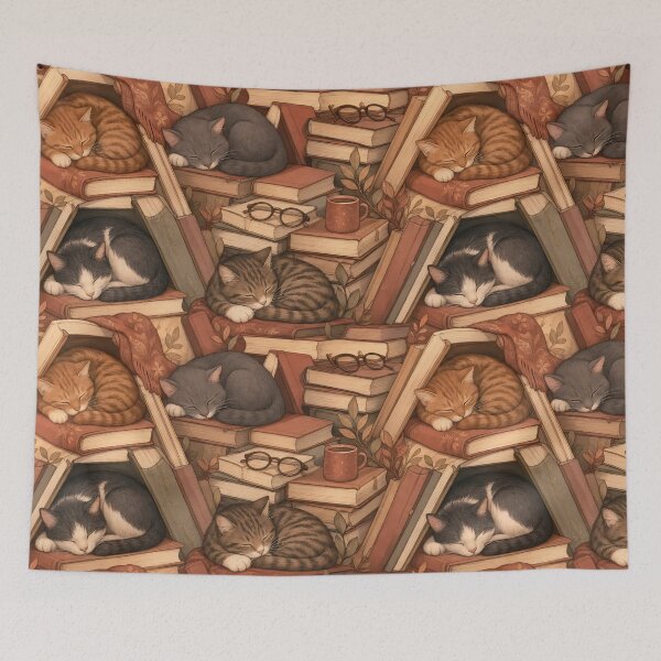 Item preview, Library Cats Napping Among Book Stacks Seamless Pattern | Muted Rust designed and sold by StickyGuys.