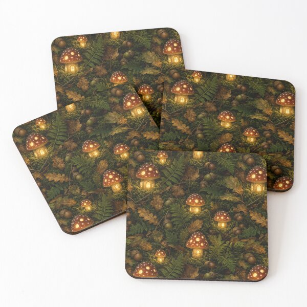 Item preview, Glowing Mushroom Lanterns on a Forest Floor Seamless Pattern | Moss Green designed and sold by StickyGuys.