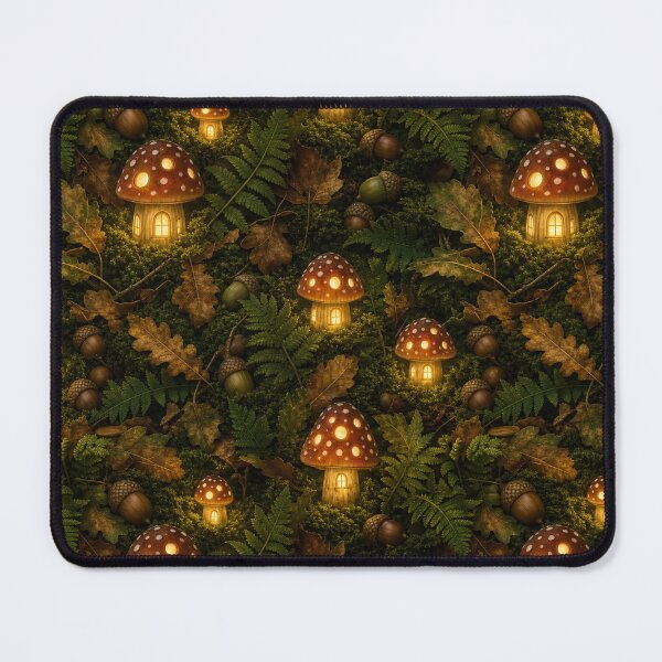 Item preview, Glowing Mushroom Lanterns on a Forest Floor Seamless Pattern | Moss Green designed and sold by StickyGuys.