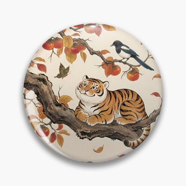 Item preview, Korean Folk Art Autumn: Cute Tiger and Persimmon Tree with Magpies - Traditional Oriental Aesthetic designed and sold by SOOstudio73.