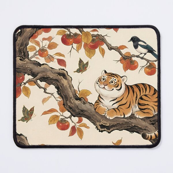 Item preview, Korean Folk Art Autumn: Cute Tiger and Persimmon Tree with Magpies - Traditional Oriental Aesthetic designed and sold by SOOstudio73.