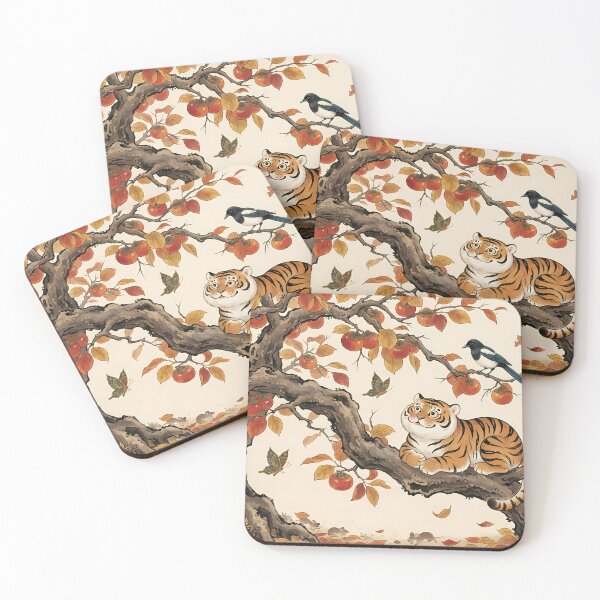 Item preview, Korean Folk Art Autumn: Cute Tiger and Persimmon Tree with Magpies - Traditional Oriental Aesthetic designed and sold by SOOstudio73.
